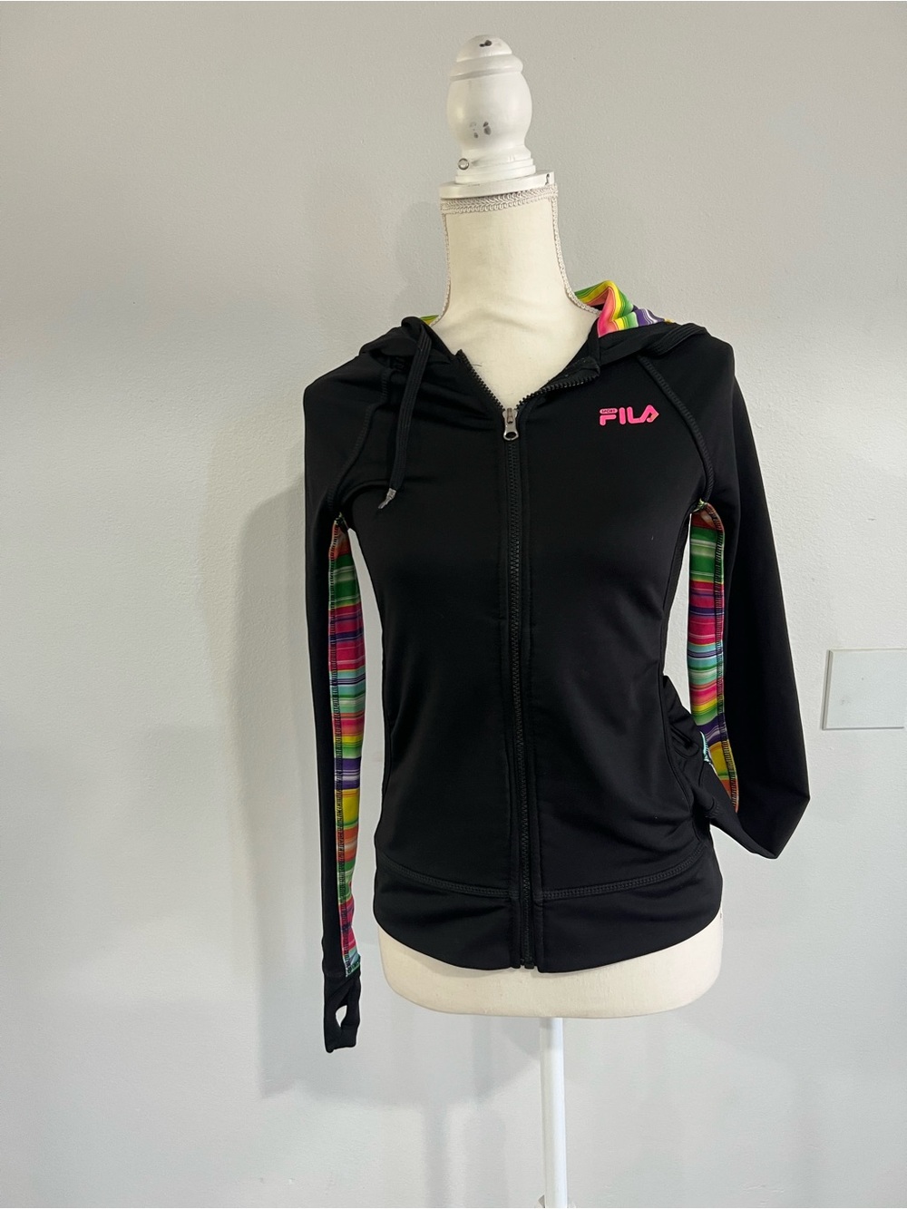 Fila Black Zip-Up Hoodie with Rainbow Stripe Accents